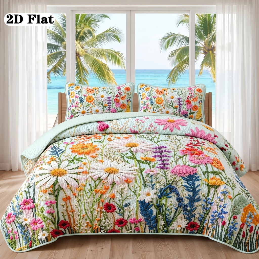 TEMU 2d Flat 2/3pcs Colorful Floral Print Bedspread Set, 1 Bedspread + 1/2 Pillowcase Without Pillow Inserts, Fabric Lightweight Breathable Vintage