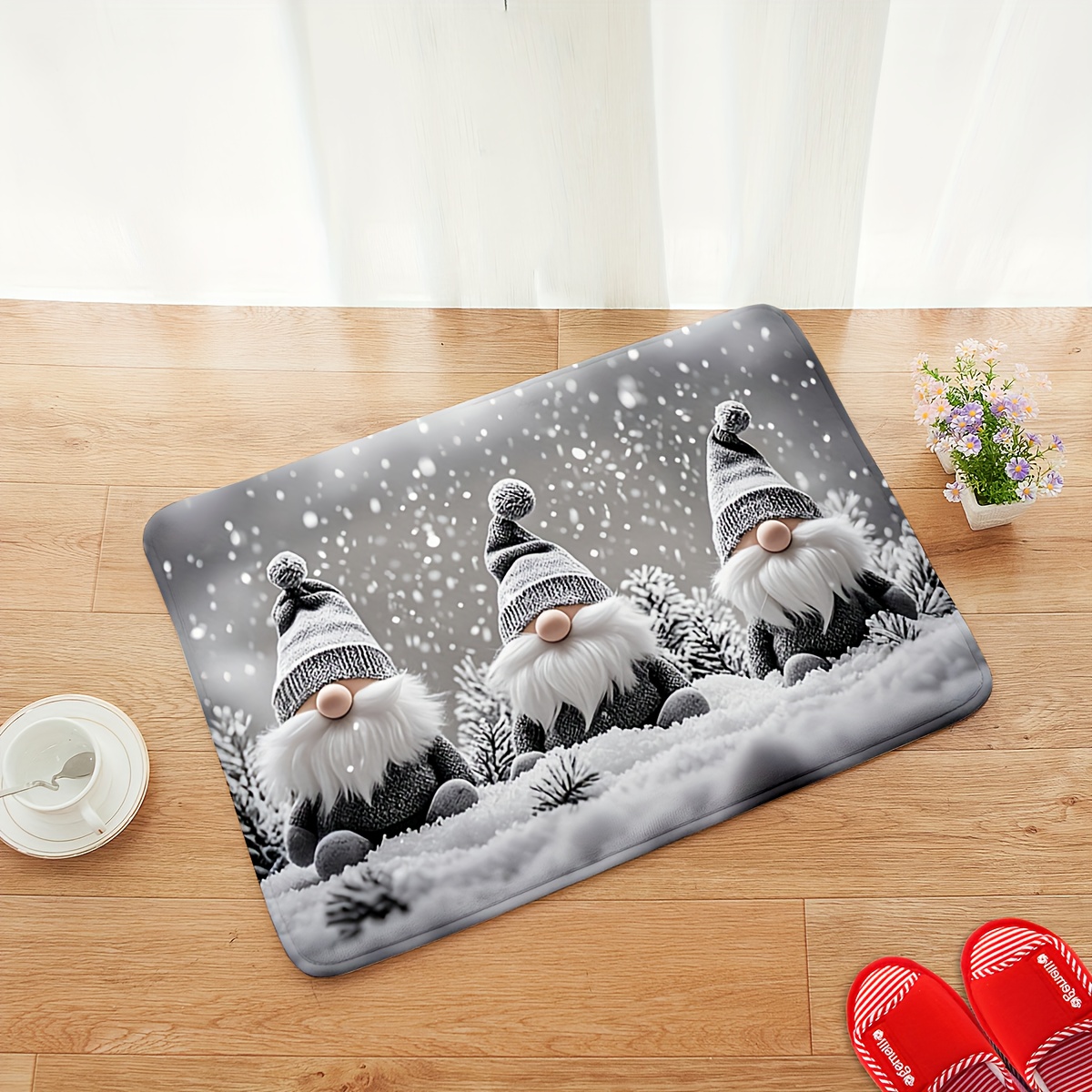 TEMU 1pc 2d Flat Winter Snow Scenery Gnomes Pattern Door Mat For Home Holiday Decor, Winter For Home Christmas Decor Carpet, Machine Washable, Wash