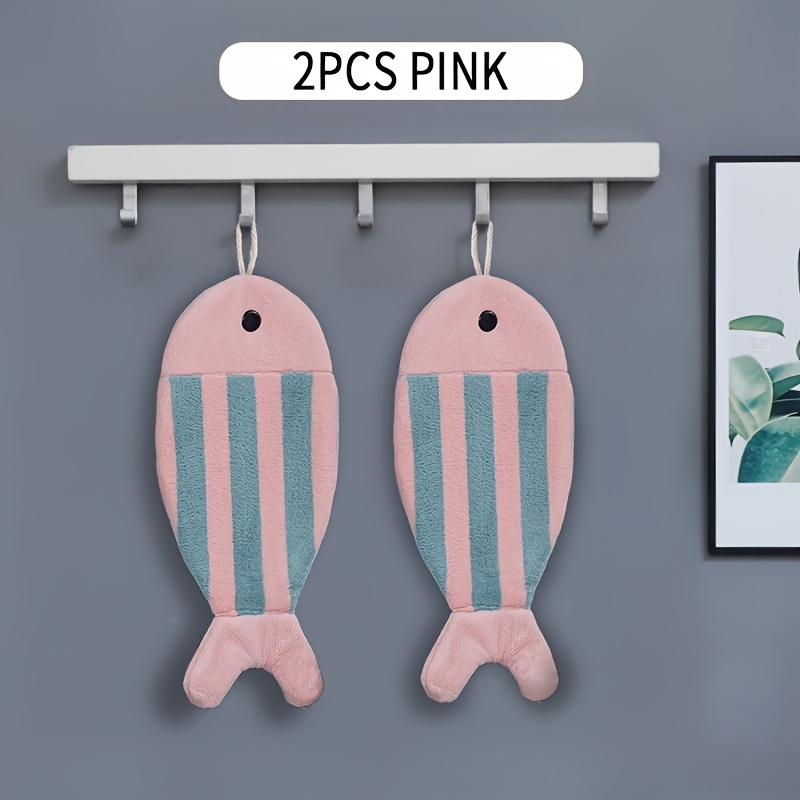 Image of 2pcs Cute Little Fish Shaped Hand Towels, Coral Material, Soft And Absorbent Hanging Fun Hand Towels, Essential For Bathroom And Kitchen