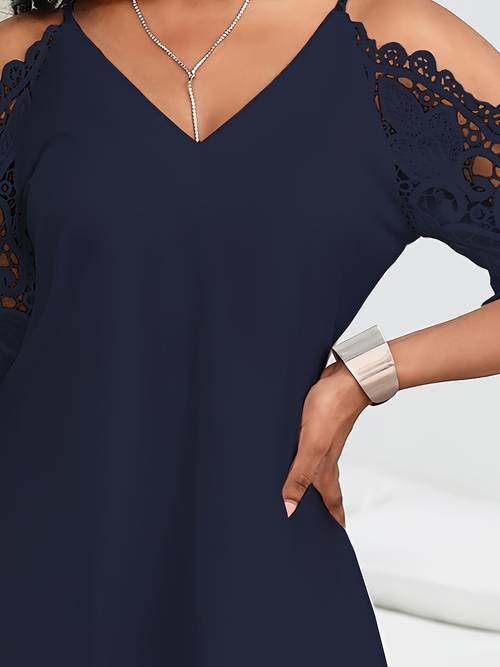 elegant navy blue v neck dress for women with lace cut out detail chic off the shoulder design resort wear machine washable polyester resort wear dress stylish cutouts