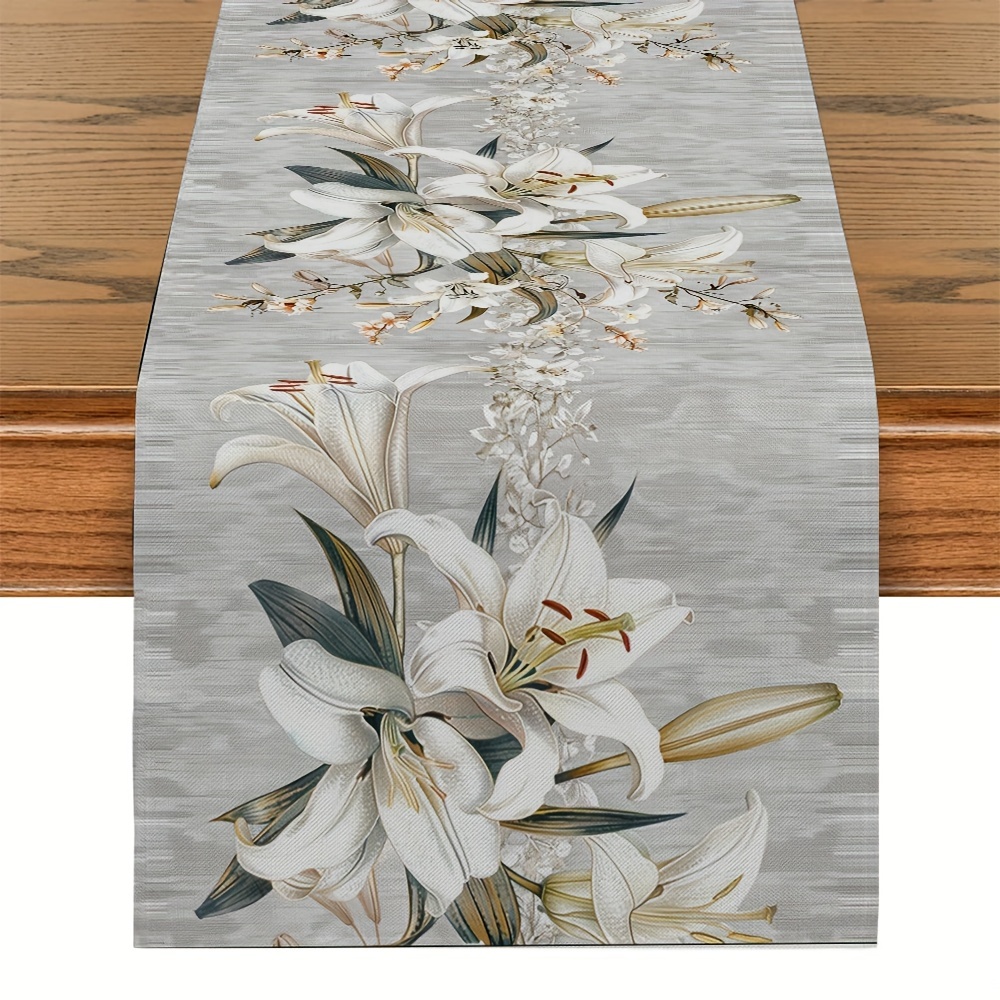

1pc, Table Runner, White Floral Printed Table Runner, Spring Theme Floral Design, Dustproof & Wipe Clean Table Runner, Perfect For Home Party Decor, Dining Table Decoration, Aesthetic Room Decor