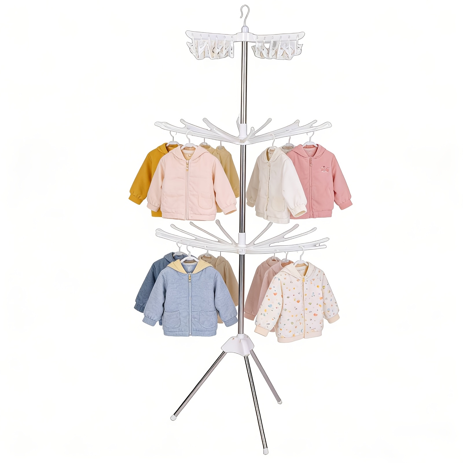 2 Tier Foldable Clothes Drying Rack | Vertical Coat Rack With Clips And Rotatable , Portable For Flats And Small Rooms, Indoor Outdoor Use, Stainless Steel, Freestanding, Multipurpose