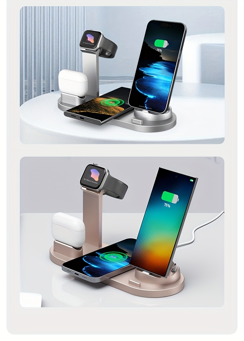 Estación de carga inalámbrica multifuncional, carga rápida de 15W, compatible con Samsung Ultra/S25/S24/S23/S22, iPhone 16/15/14/13/12/11/Xr/X/8, Google Pixel, teléfonos Android, AirPods Pro 2/4, Samsung Buds y Google Pixel Buds (con carga por inserción o inalámbrica)