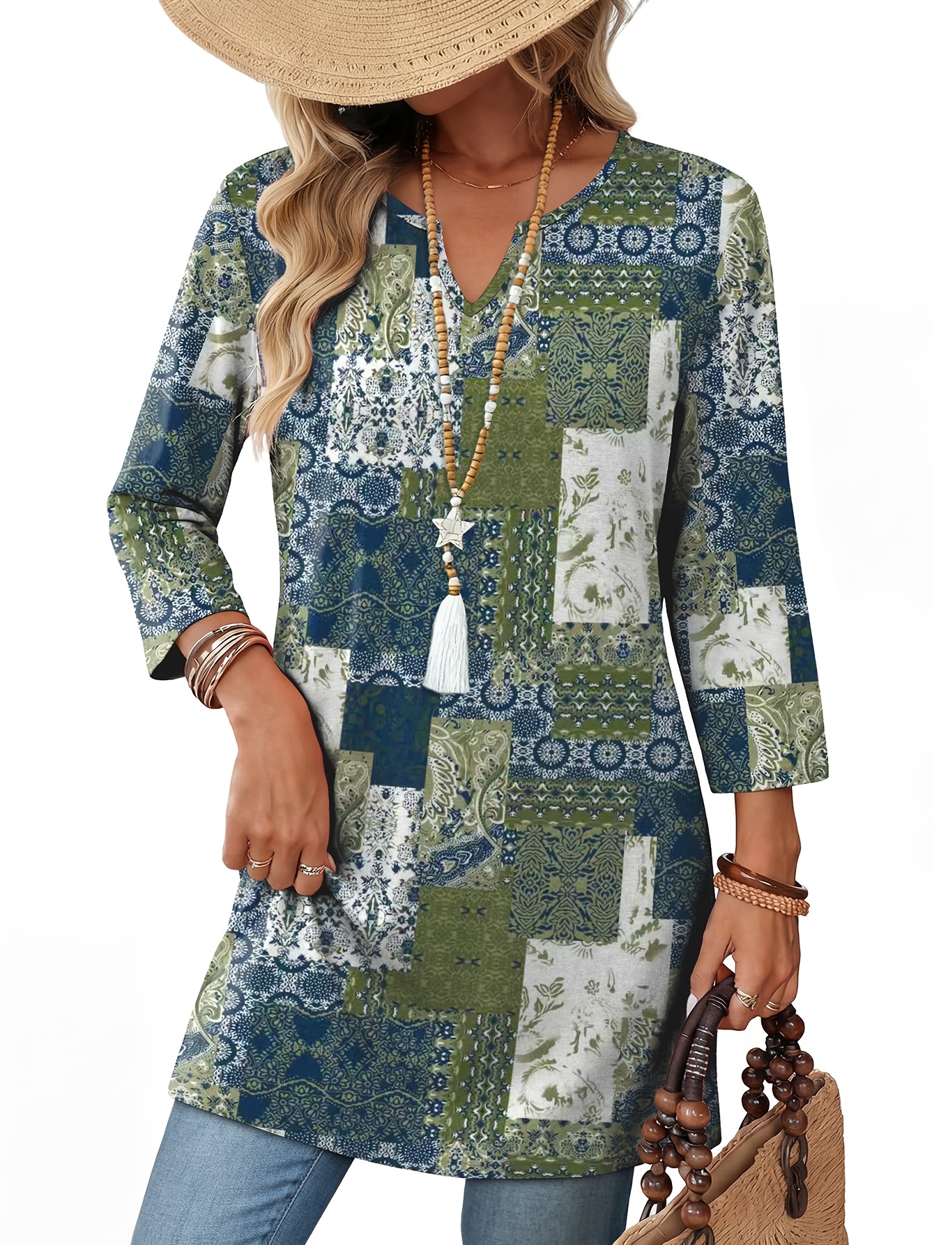 damen 3/4 ärmel    , modische lockerer freizeit urlaubs basic shirt, elegantes bequemes v-ausschnitt dreiviertelärmel t-shirt