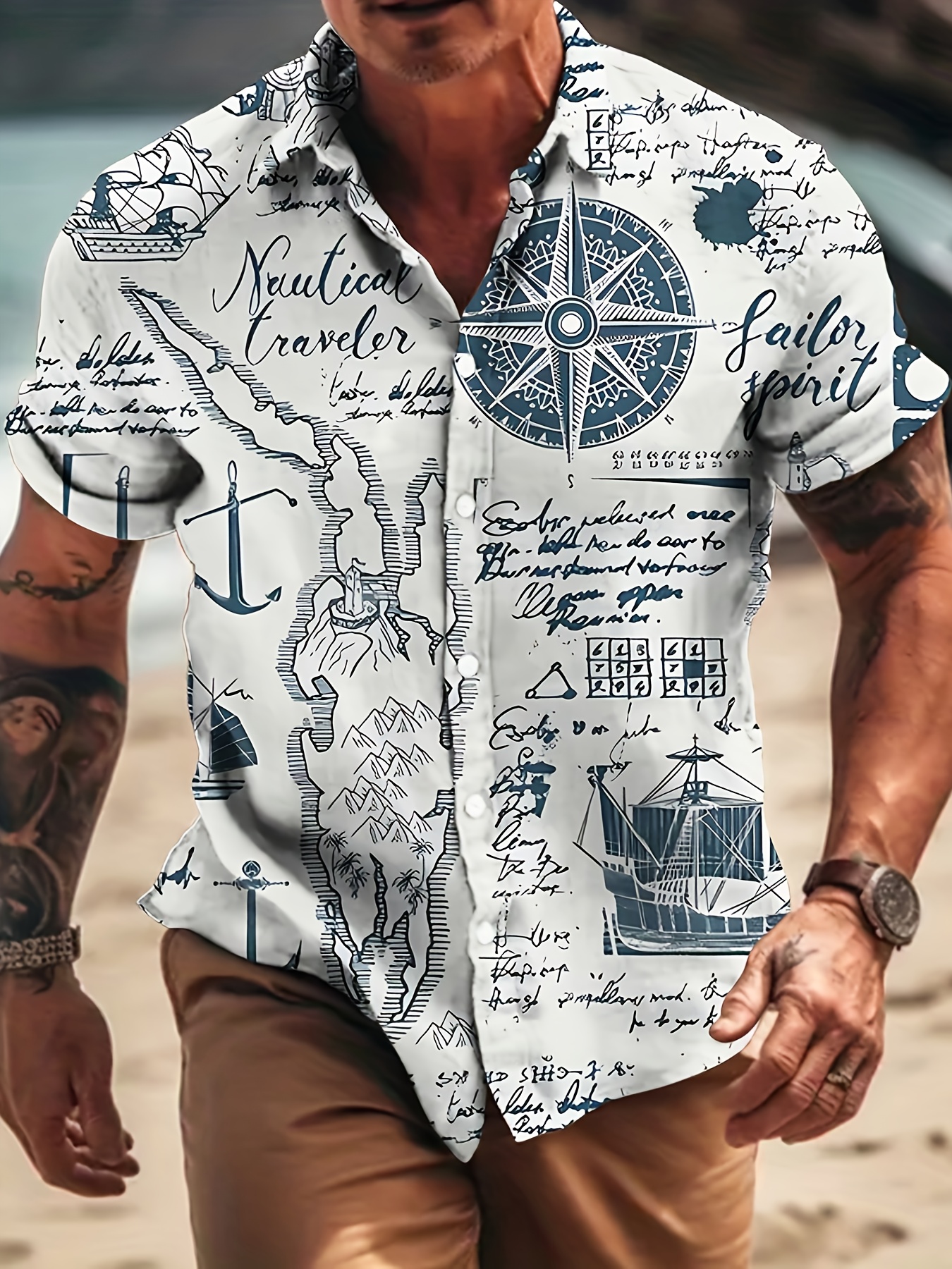 Nautical Theme Pattern Print Plus Size Men's Casual Short Sleeve Shirt, Breathable Stylish Shirt