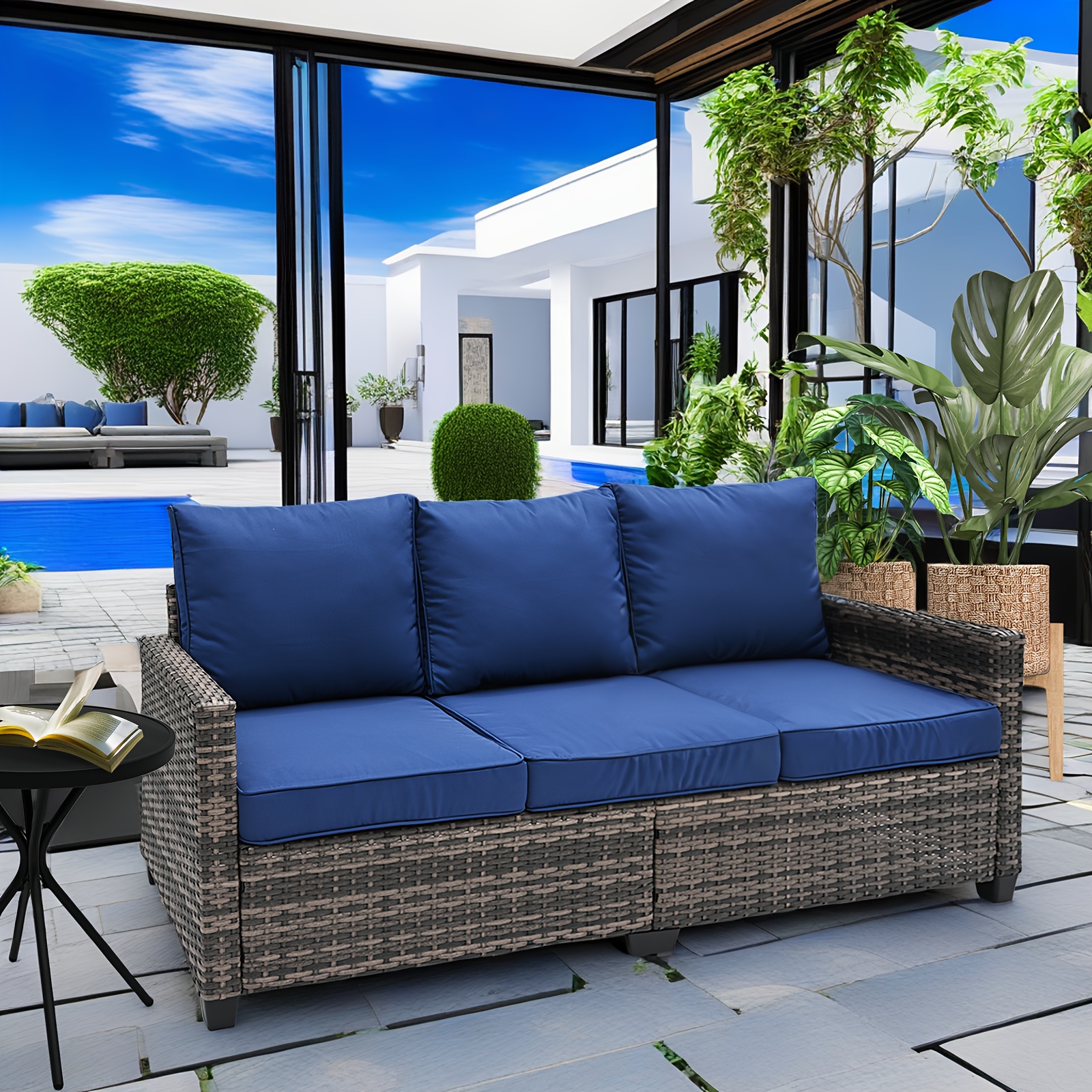 

All Weather Outdoor Rattan Sofa, 3 Seat Outdoor Wicker Couch With High Back, Premium Brown Wicker And Navy Blue Cushions For Garden, Backyard, Porch