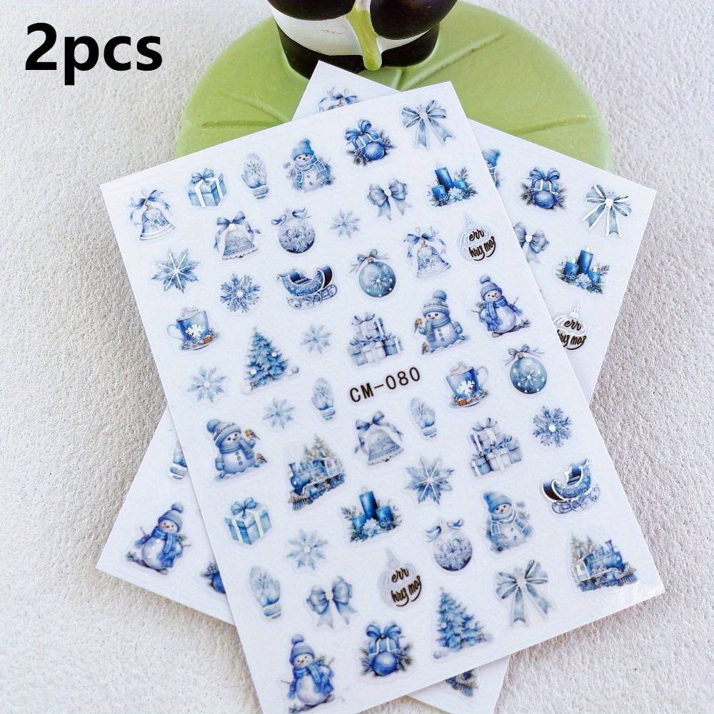 Image of 2pcs Christmas Cartoon Nail Art Stickers Winter Snowman Snowflake Bell Pattern Self-adhesive Homemade Decals Diy