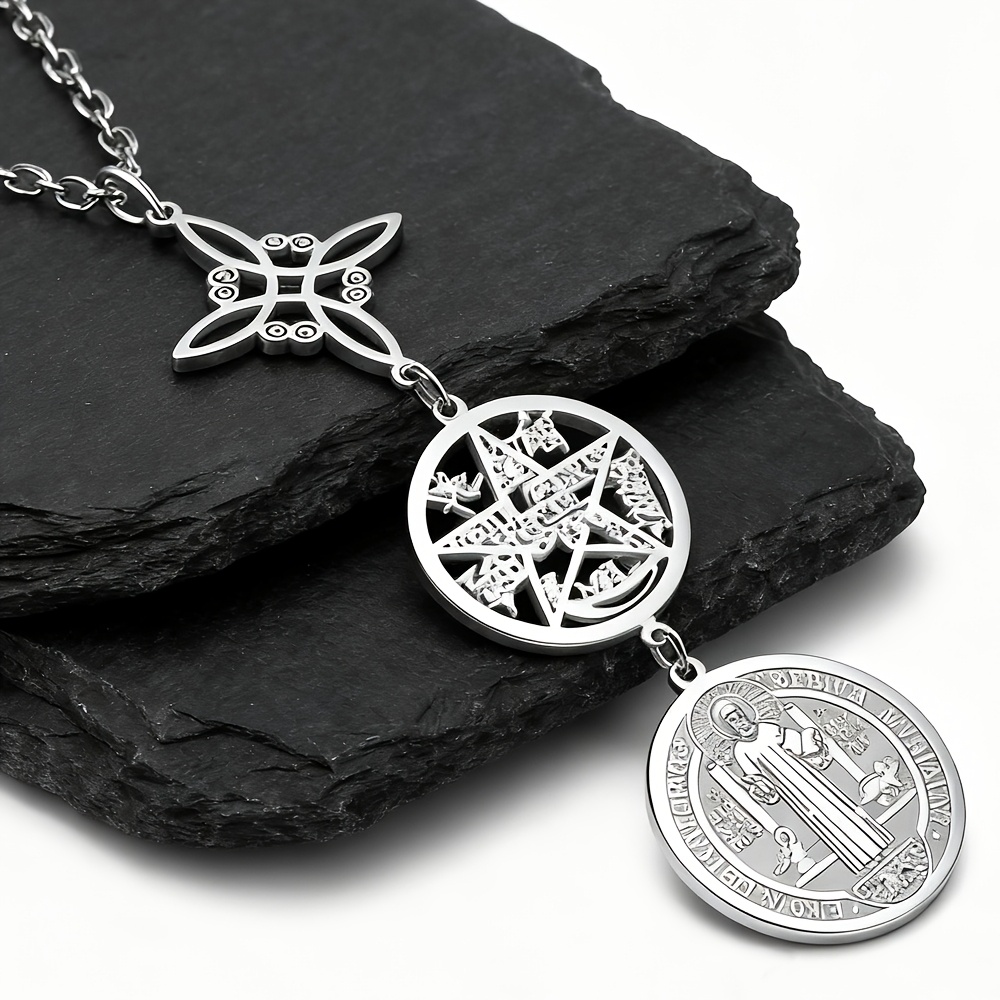 TEMU A Necklace - Stainless Steel Spiritual Amulet With 's Knot, Pentagram And 4 Character Embellishments, Suitable For Protection, Daily Wear And