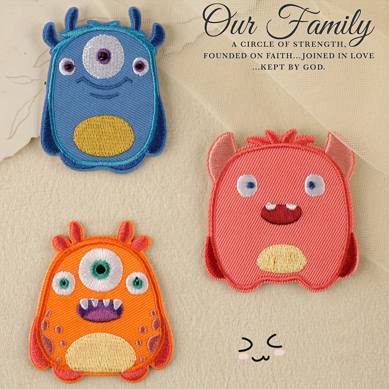 1 Set Of 3 Monster Pattern Fabric Stickers, Cartoon Style Self-adhesive Embroidery Patches For Clothes, Bags, Shoes, Hats, And Home Decor