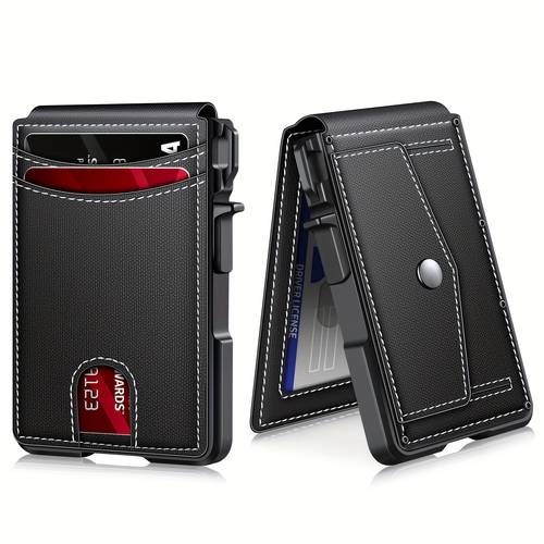 mens wallet card holder up card case genuine leather anti theft brush ultra thin minimalist design front pocket holds cards id window coin pocket black