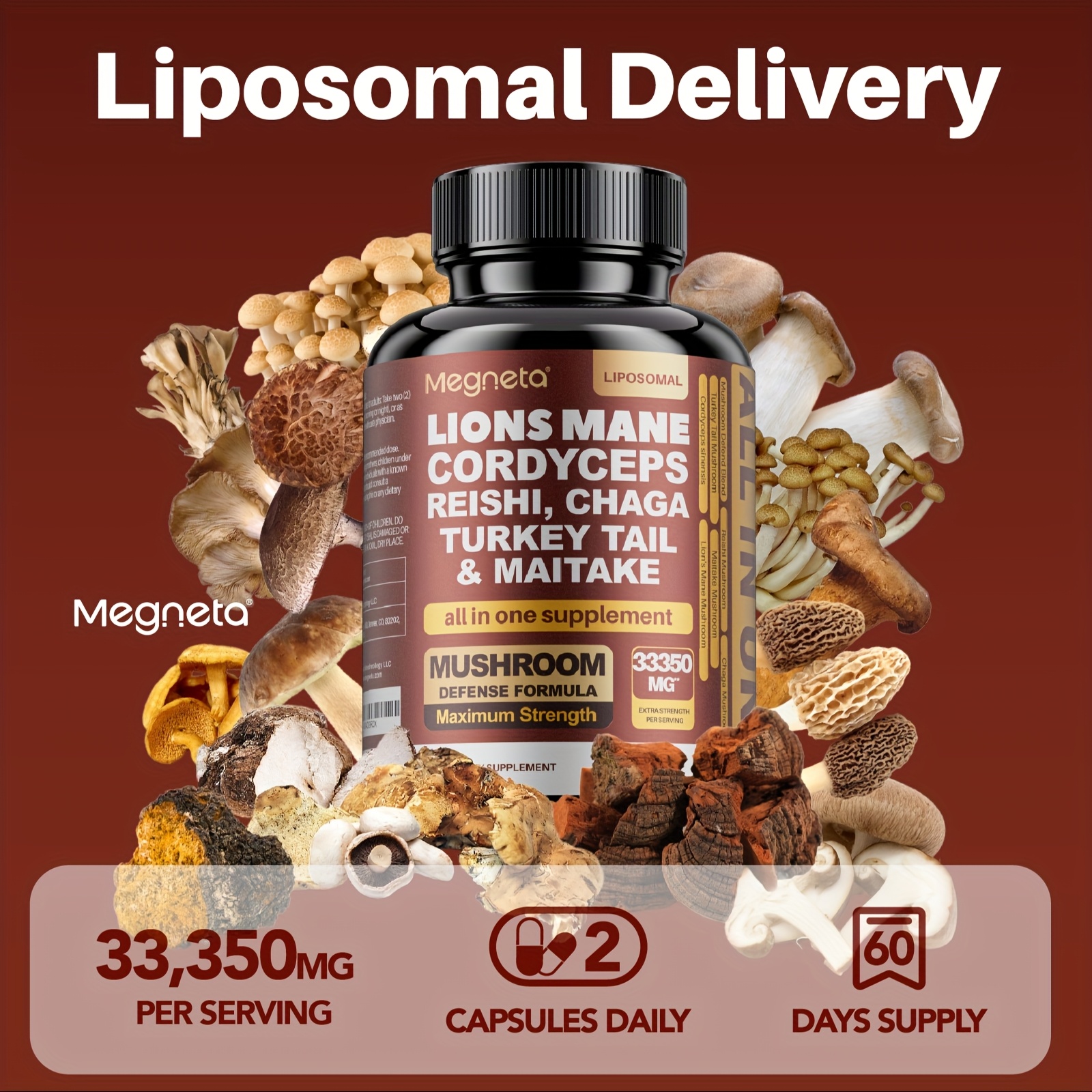 Megneta Cognitive Brain Nootropic Mushroom Complex with Lion's Mane, Cordyceps, Reishi, Turkey Tail & Chaga for Focus, Memory & Clarity – 60