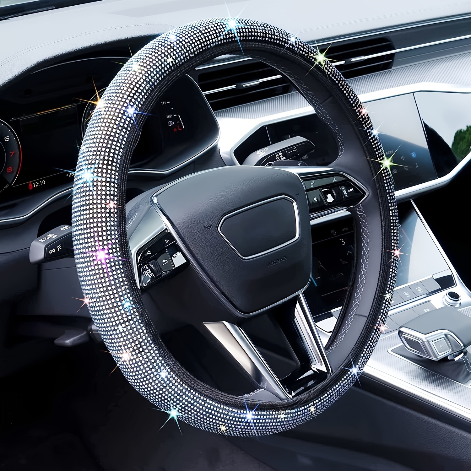 

Sparkling Diamond Steering Wheel Cover - Polyester Fiber, Anti-slip, No Inner Circle - Universal Fit 14.57"-14.96" - Dazzling Car Accessory