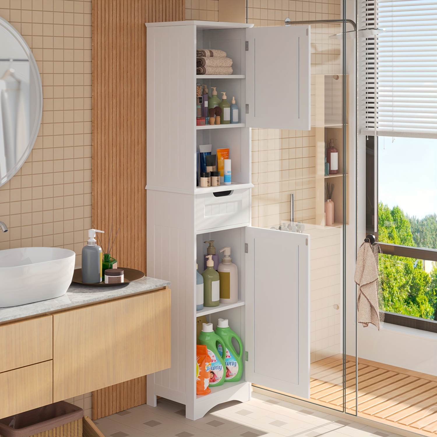 Bathroom Cabinet Tall White Wooden Bathroom Storage Cabinet - Temu