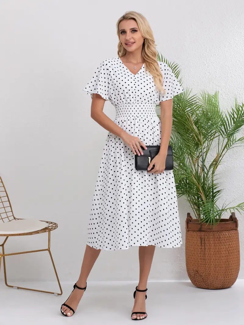Women's French-Inspired Polka Dot V-Neck Dress - Flared Short Sleeves, Fitted Bodice & Flowy Skirt, Lightweight Machine-Washable Summer Dress for * Women's French-Inspired Polka Dot V-Neck Dress - Flared Short Sleeves, Fitted Bodice & Flowy Skirt, Lightweight Machine-Washable Summer Dress for *