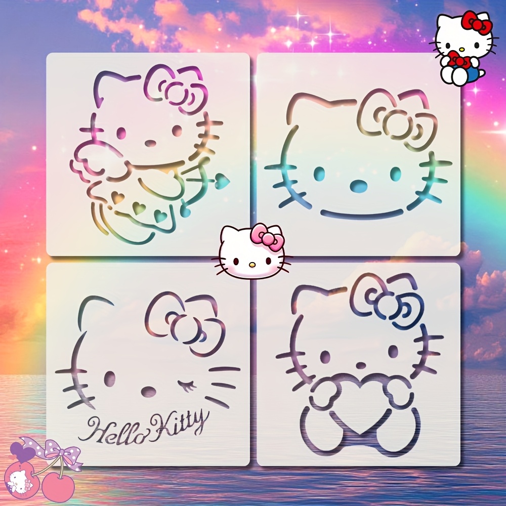 Set Of 4 For Hello Kitty Reusable Painting Stencils - Made From Sturdy Plastic, Great For T-shirts, Bags, Wall Art, And More - Perfect For Halloween And Christmas Decor