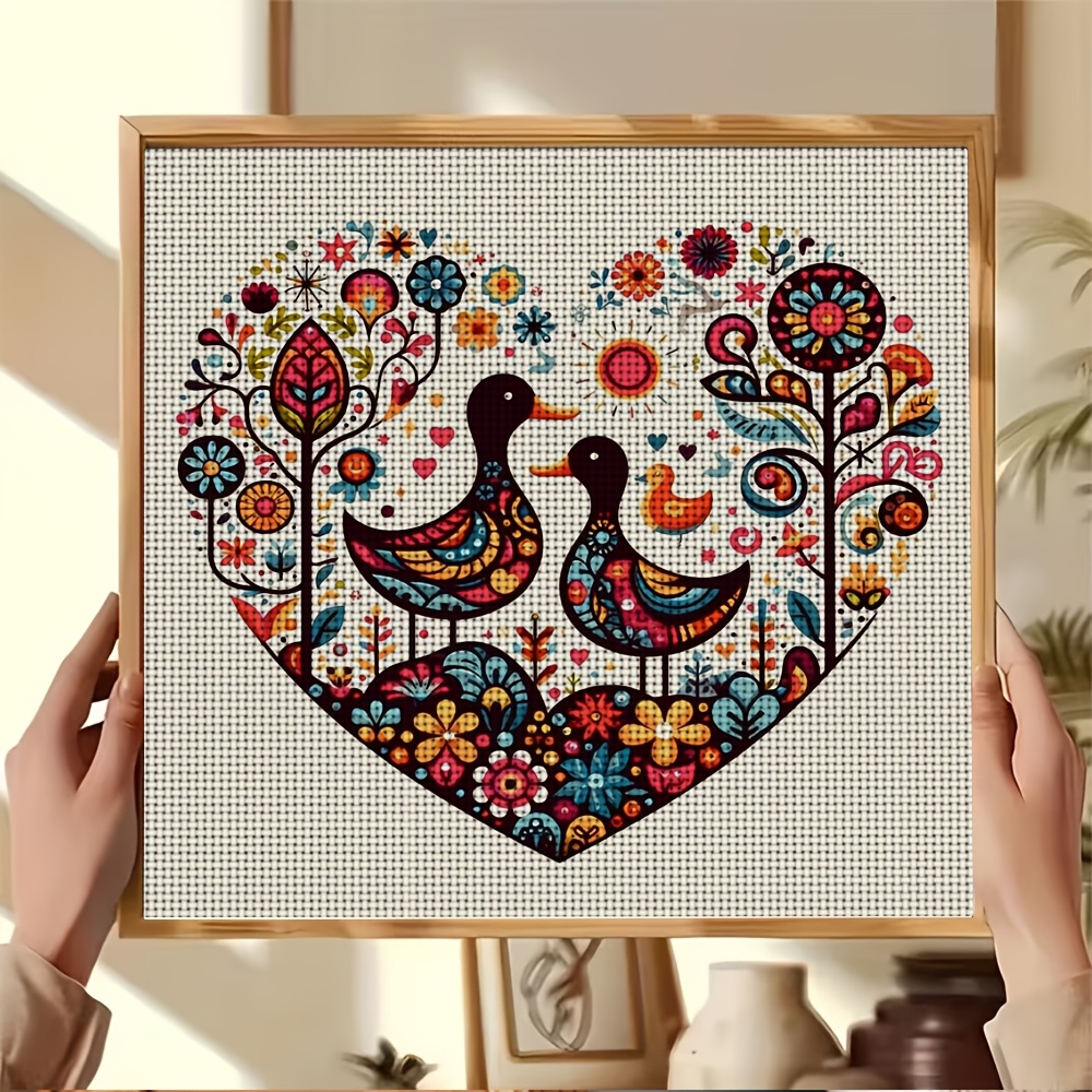 DIY Cross-Stitch Printed Kit 'Pair of Ducks, Flowers, and Birds'