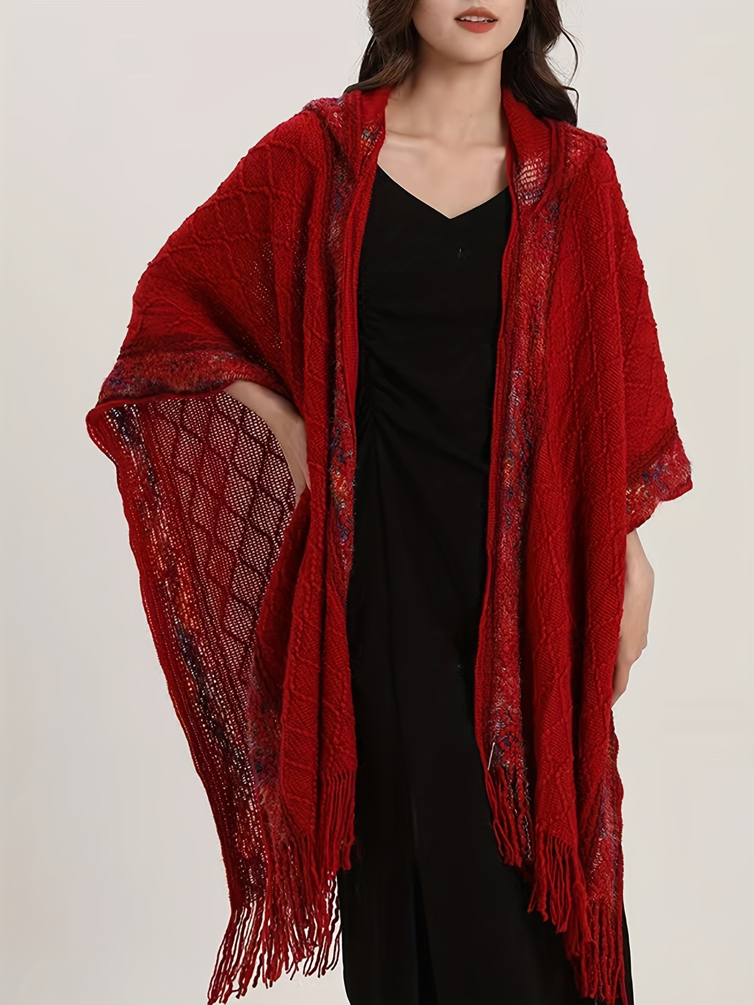 cardigan châle à capuche boho chic pompons jacquard Temu Canada