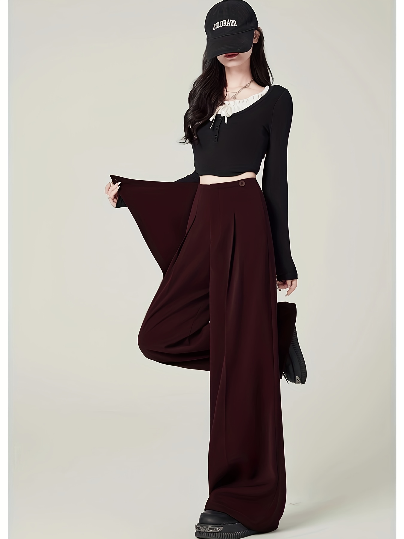 women's burgundy dress pants Women's Burgundy High Waist Dress Pants Wide Leg