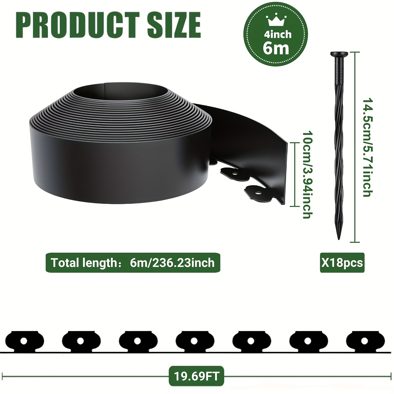 TEMU 4-inch Heavy-duty Garden Edging Kit, Durable And Sturdy, 2 Sizes : 236.23 Inches (6m) Or 472.46 Inches (12m), Includes Solid Anchoring Nails –