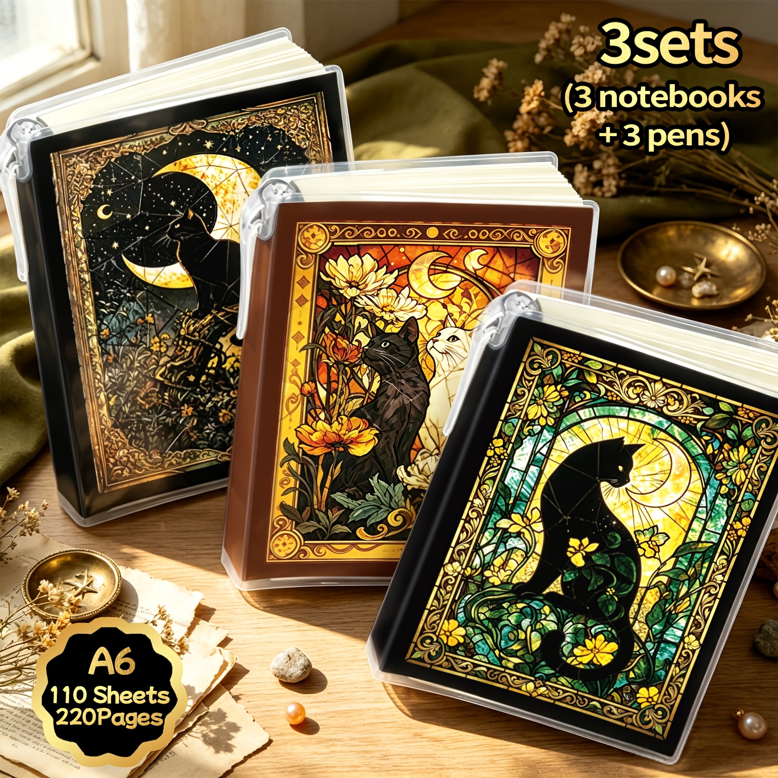 TEMU 1 Set/3 Sets, 220 Pages, Stars And Cats Bohemian-style Notebook With Pen Included, Portable Pocket Notebook, Lined Notebook, Eva Clear Plastic