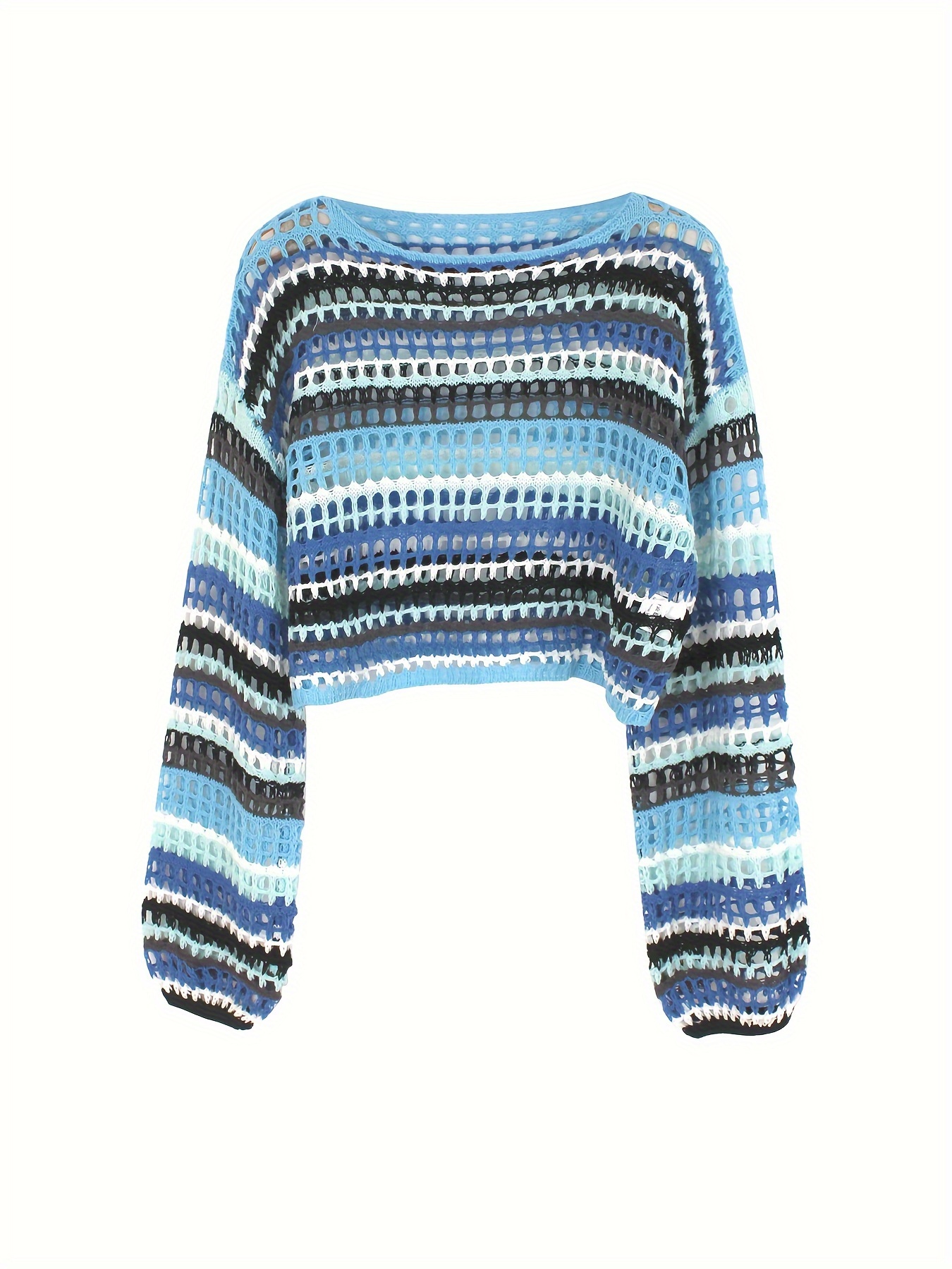 striped hollow crochet coverup casual boat neck long sleeve