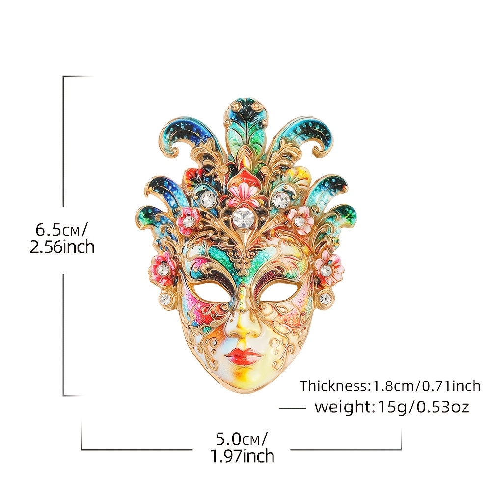 TEMU 1pc Solevdo Enamel Rhinestone Brooch Novelty Venetian Mask Lapel Pin For Men And Women, Vintage Masquerade Crystal Inlaid Brooch Jewelry, Unisex