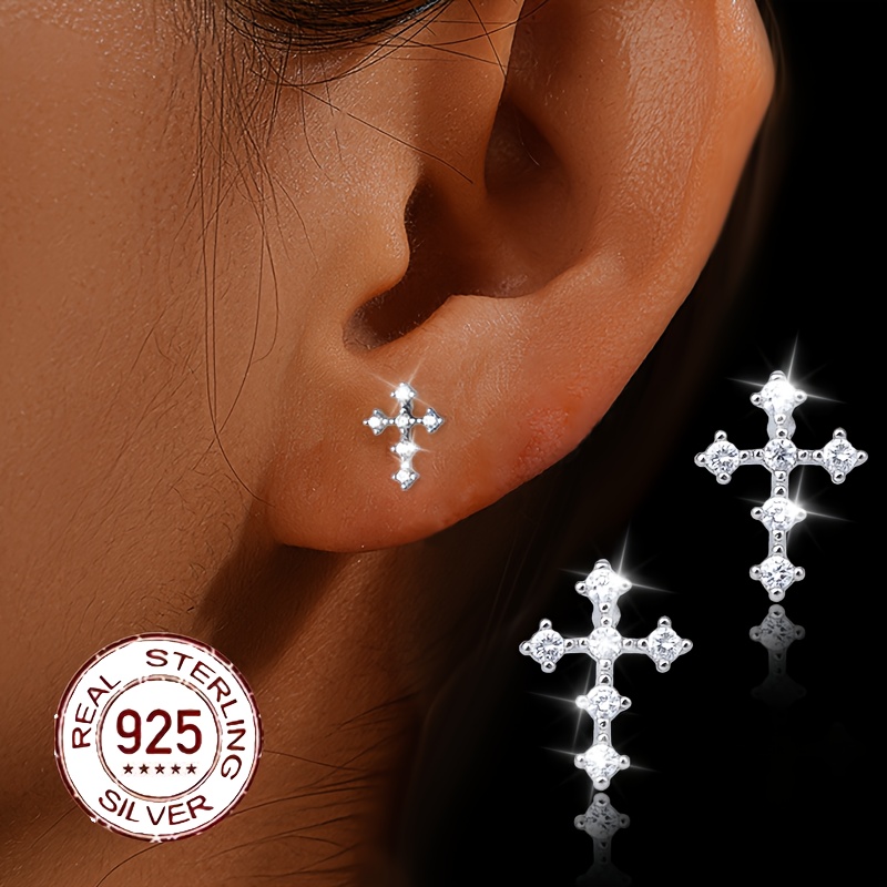 S925 Sparkling Zirconia Cross Studs, Stylish & Minimalist