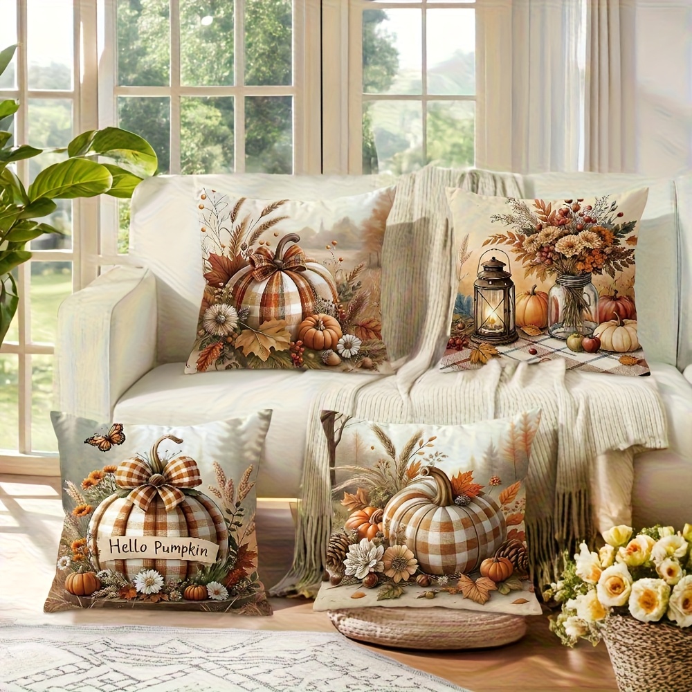 4pcs, Peach Plush Autumn Pillow Covers, Checkered Decorative Pillowcases  with Zipper Closure, Comfortable Polyester Cushion Covers for