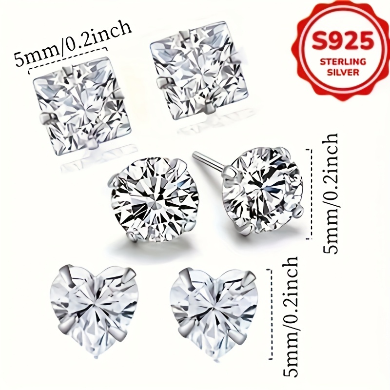 6pcs set 1 5g hypoallergenic s925 silver womens fashion stud earrings with synthetic synthetic zirconia heart and square shapes minimalist   for casual attire or special occasions Product details 0