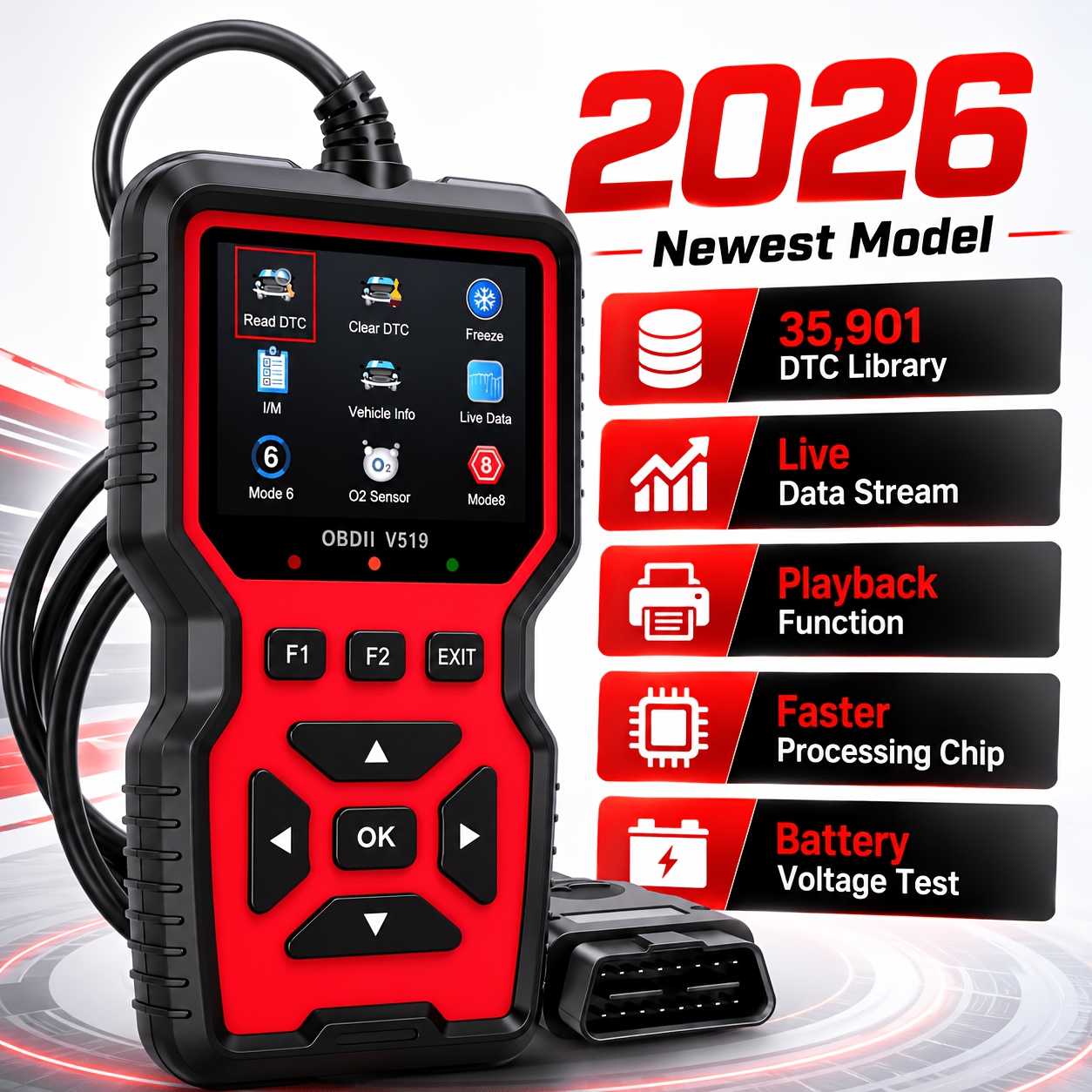 TEMU 2026 Scanner Diagnostic Tool V519, Engine Fault Code Reader & Code Eraser, Live , I/m Readiness, Freeze Frame, Mode 6/8, O2 Sensor Test, Battery