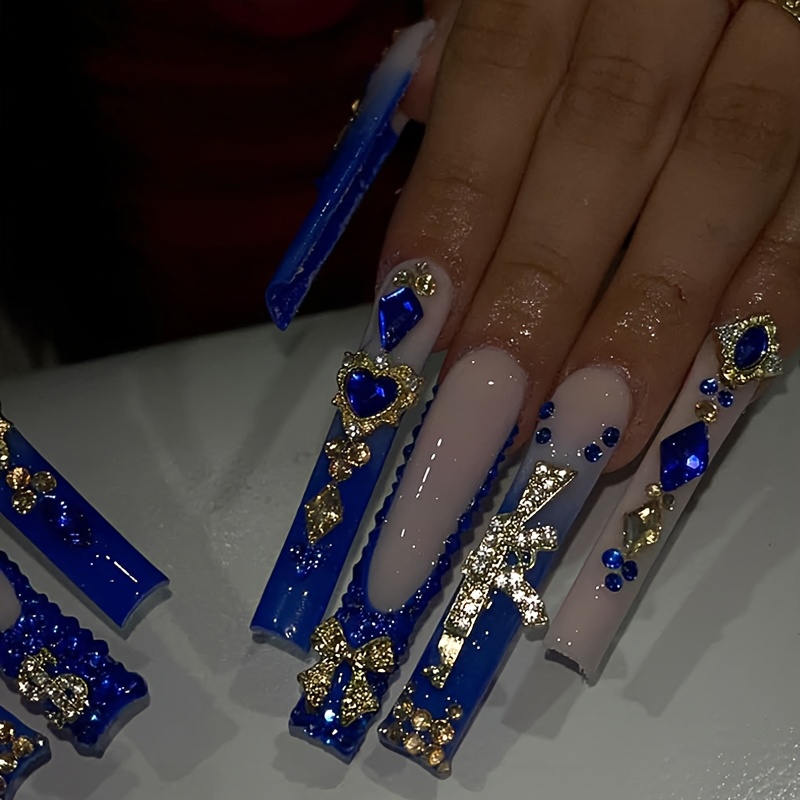 TEMU 24pcs Blue French Square Long False Nails Set, 3d Metallic Accents & Rhinestones, Full Cover Fake Nail Kit For Women And Girls, Strobe Finish, Ideal For Daily Wear, Office, Home, Party