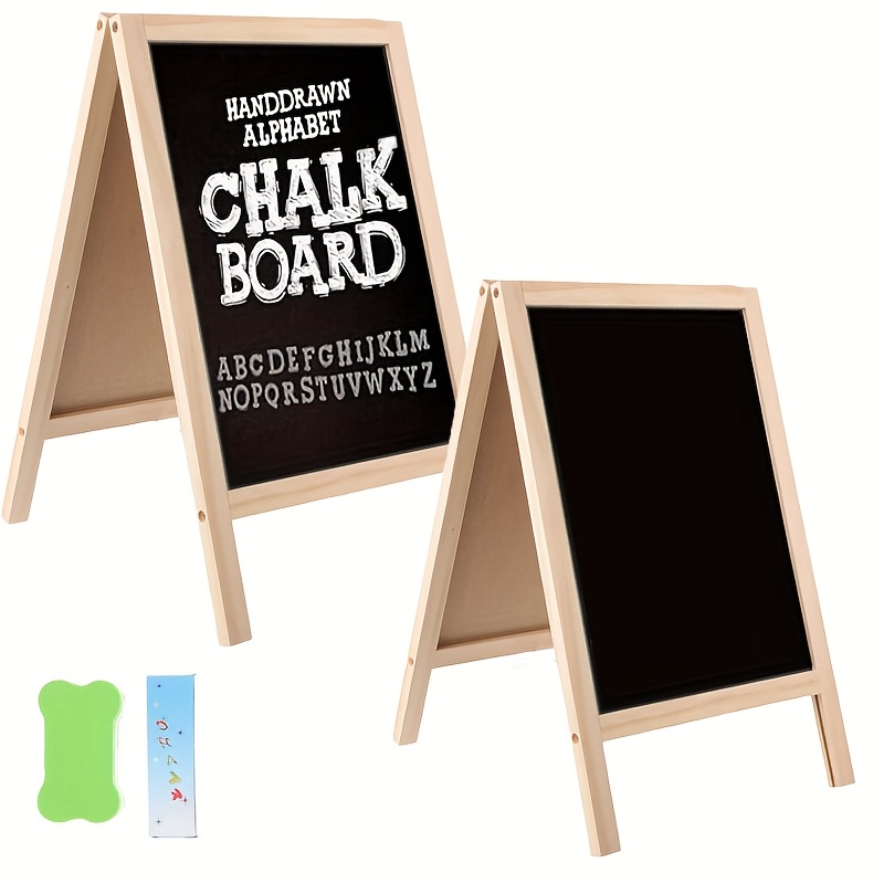 double sided magnetic wooden writing board with chalk brush classic blackboard style floor standing easel for home classroom office natural wood surface no power needed   alphabet numbers 0