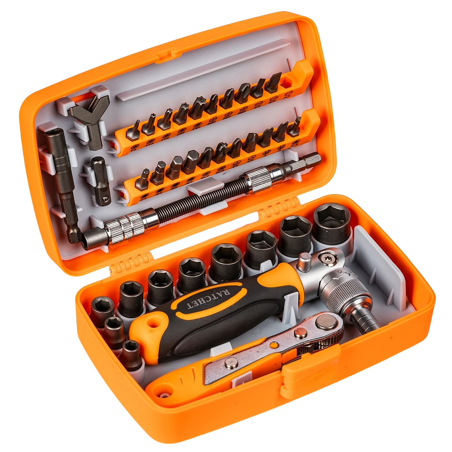 Juego de destornilladores de rascador 38 en 1 con juego de rosca y cabeza magnética, equipado con mango giratorio, varilla de extensión y caja de almacenamiento, adecuado para computadoras, bicicletas, automóviles y dispositivos domésticos.
