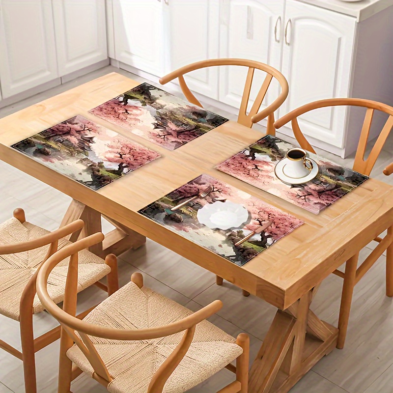 

4pcs Japanese Cherry Blossom Architecture Design Washable Table Mats, Polyester Rectangular Woven Placemats For Dining Decor, Machine Washable Kitchen Table Mats For Holiday Decoration