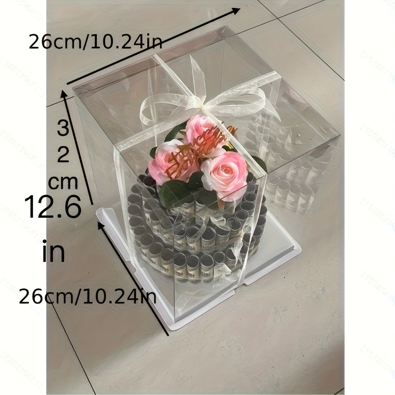 DIY 3-Tier Cash Cake Gift Box/Transparent Plastic with Golden Ribbon & Floral Design/Fun Birthday Present for Her/Includes Gift Tag/Perfect for Special Occasions/Birthday Gift Box/Celebration Accessory/Elegant Presentation/Decorative Ribbon Accent