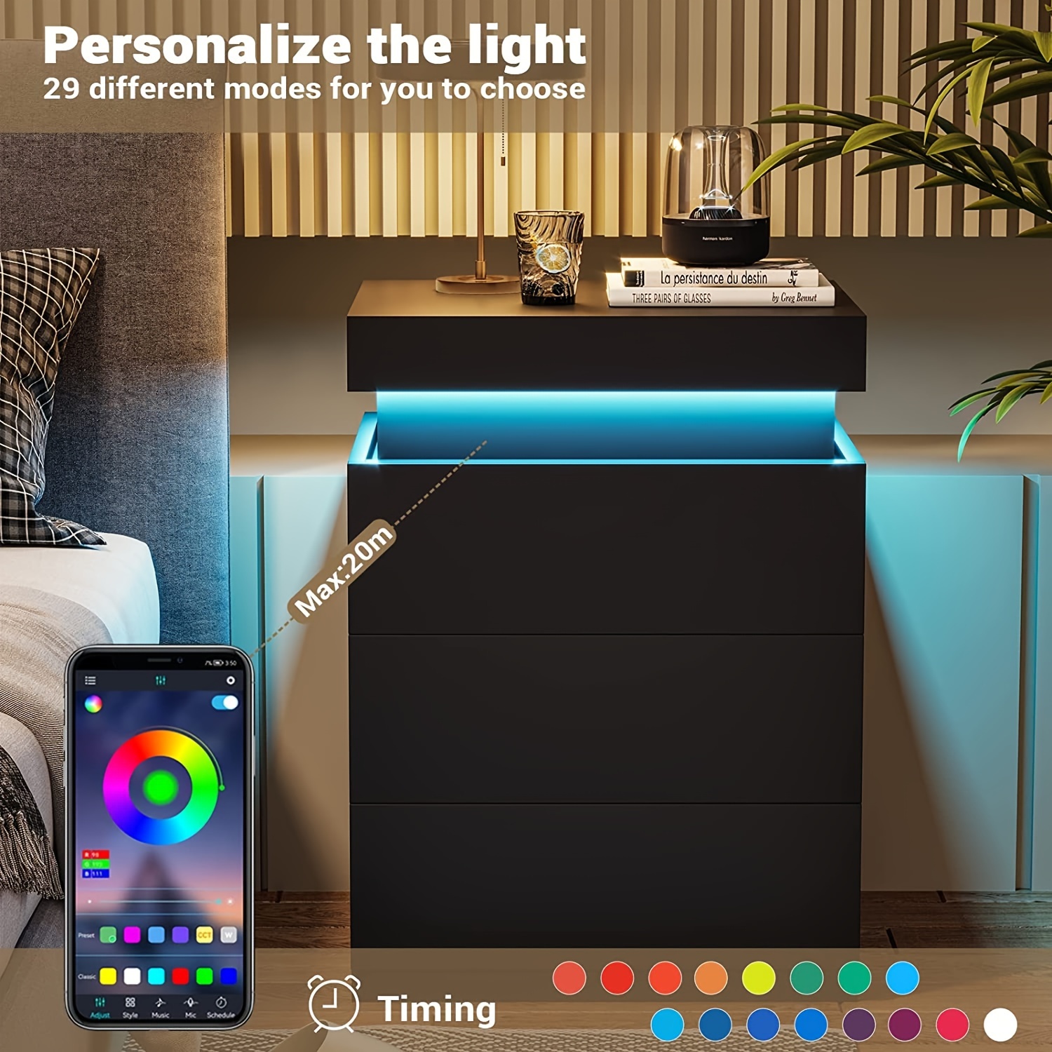 black nightstand led lights charging station bedside table Temu