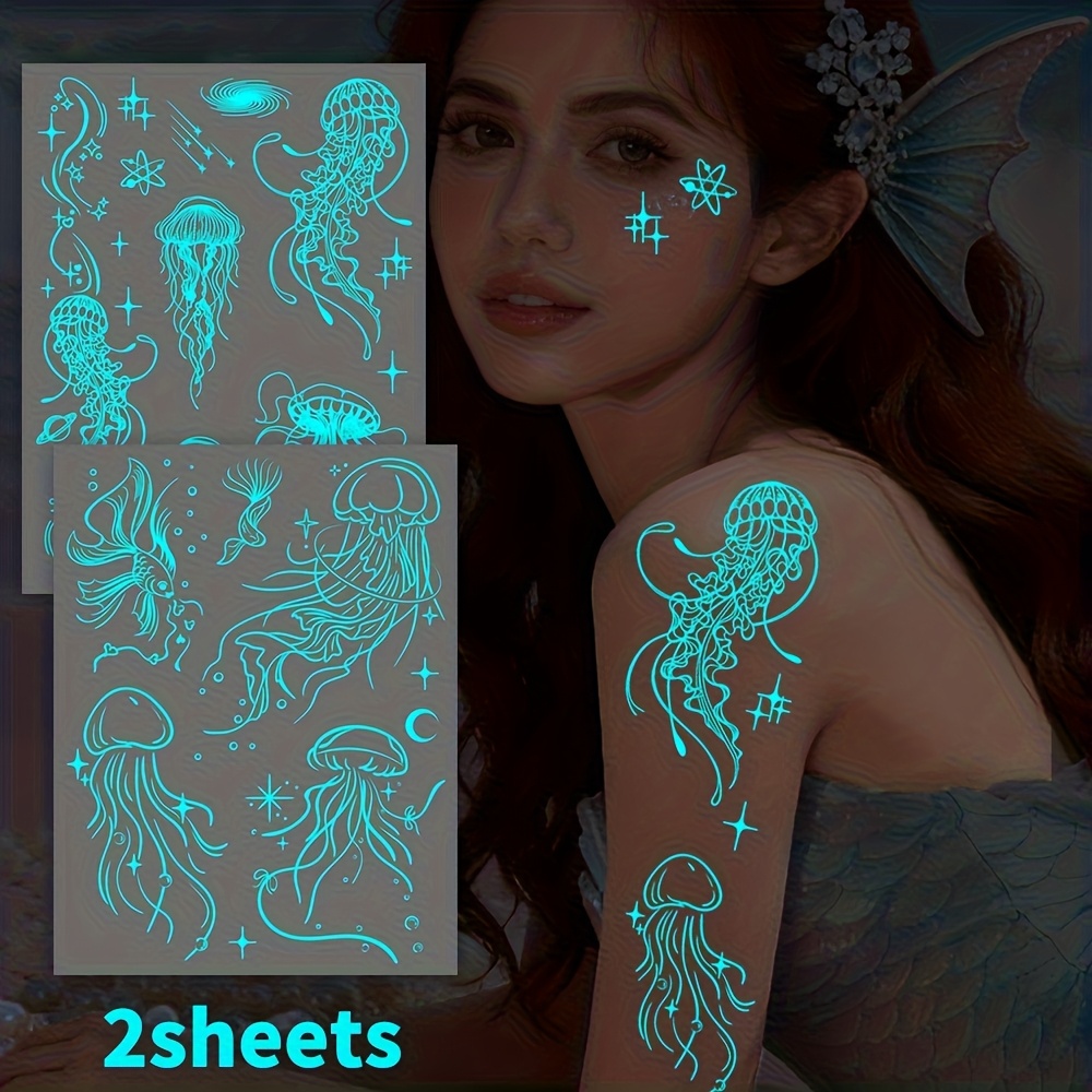 Image of 2sheets Blue Luminous Ocean Jellyfish Tattoo Stickers, Fairy Ocean Jellyfish Tattoos For Face Chest Arm Hand, Glow In The Dark, Wedding & Nightclub & Music Festival Party Favor Decor Supplies