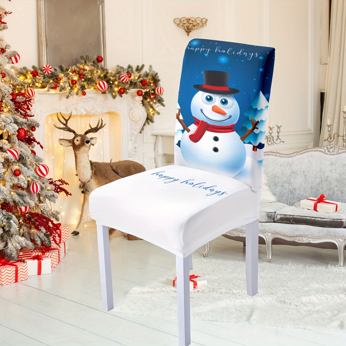 

Festive Christmas Chair Cover Set: Blue Background With Adorable Snowman Print, Classic Style, Elastic And Machine Washable, Suitable For Various Chair Sizes, Perfect For Holiday Home Decor