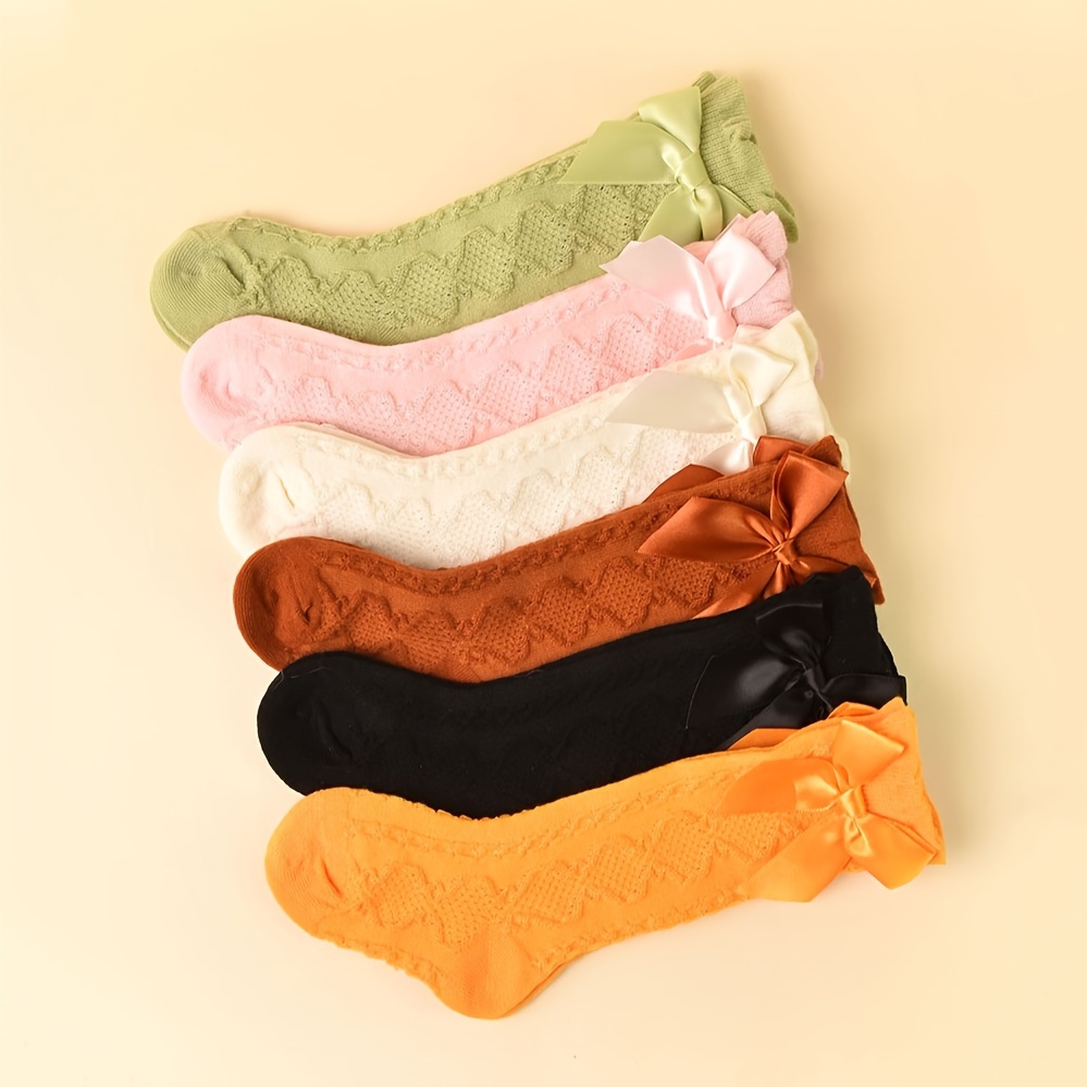 

6 Pairs Of Girls Baby Socks Solid Color Mid-calf Socks Mesh Breathable And Knee Socks