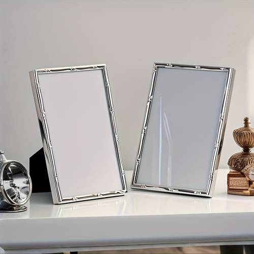 8 inch and 10 inch narrow literary style bamboo shaped metal iron photo frames with stands high gloss with silvery details suitable for portraits or landscapes ideal for festival gifts and