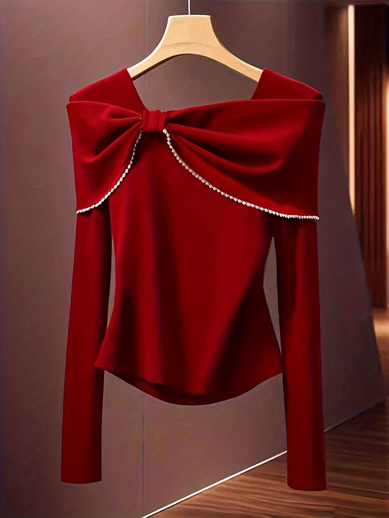 women's elegant red bow & ruffled sleeve t shirt slim fit long sleeve top with white bow accent, all season office & party tee for women, christmas holiday outfits m186, christmas t shirt, seasonal fashion, decorative bow, stylish blouse