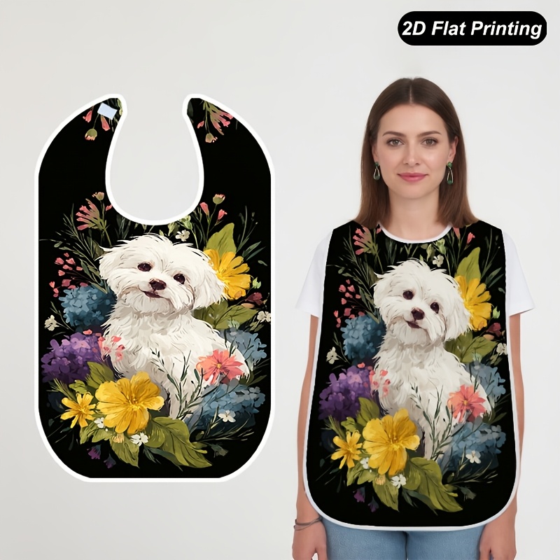TEMU 1pc 2d Flat White Puppy With Flower Bouquet Print Bib, Stylish Anti-scatter Dining Bib For Adults And Seniors, Unisex, With Utensil Print, Fun