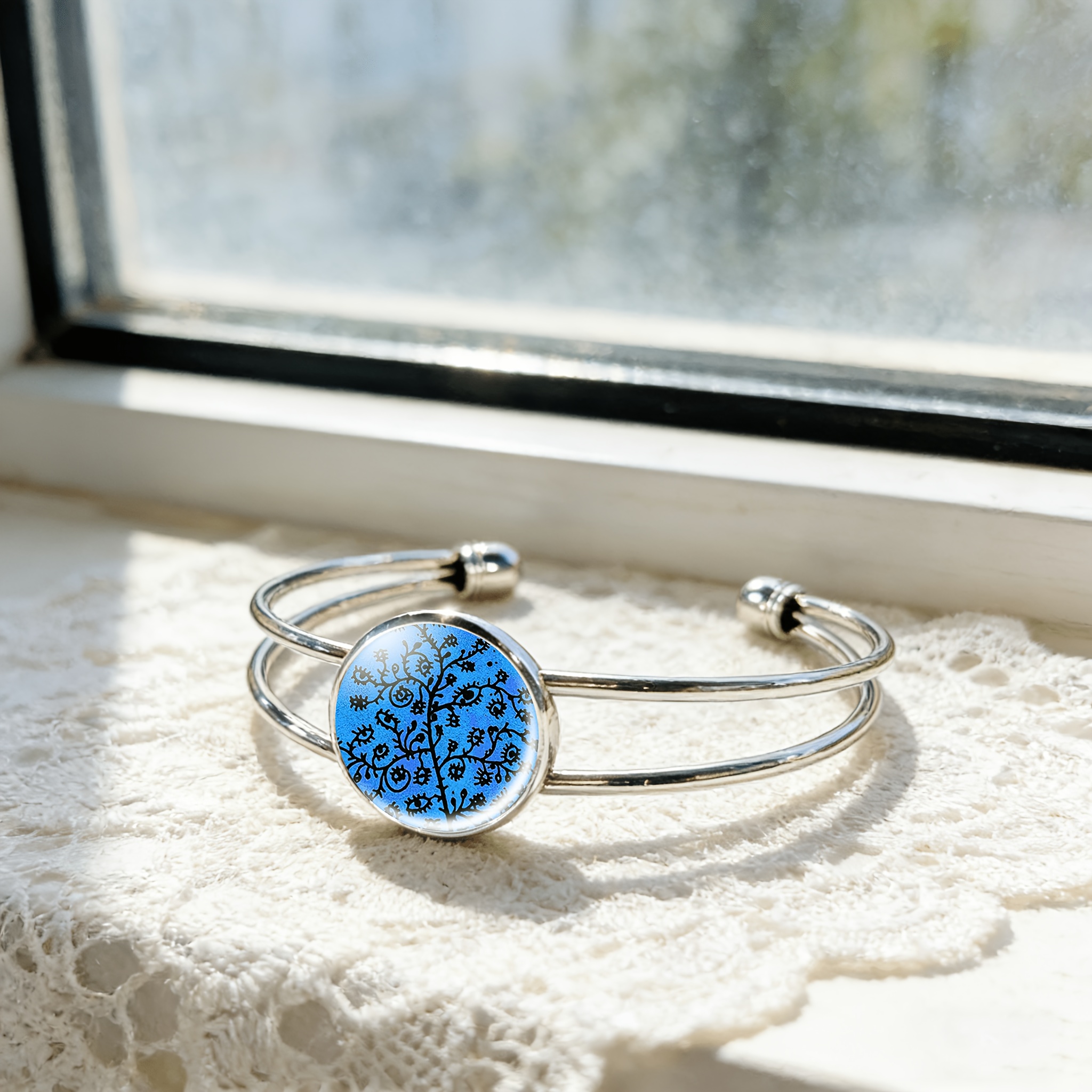 Adjustable Open Bangle with Blue Abstract Pattern