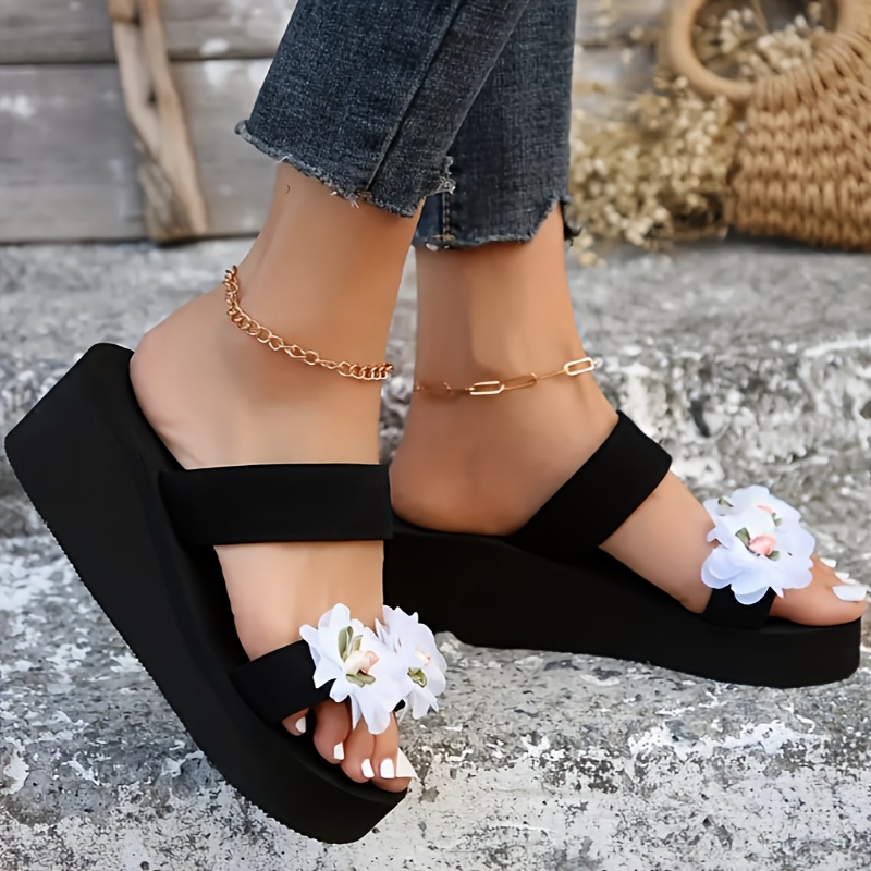 Women's Black Floral Slide Sandals - Summer Casual Wedge Heel with White Flower Decor, Open Toe, EVA Sole, Comfortable Outdoor Beach Shoes, Ladies Sandals