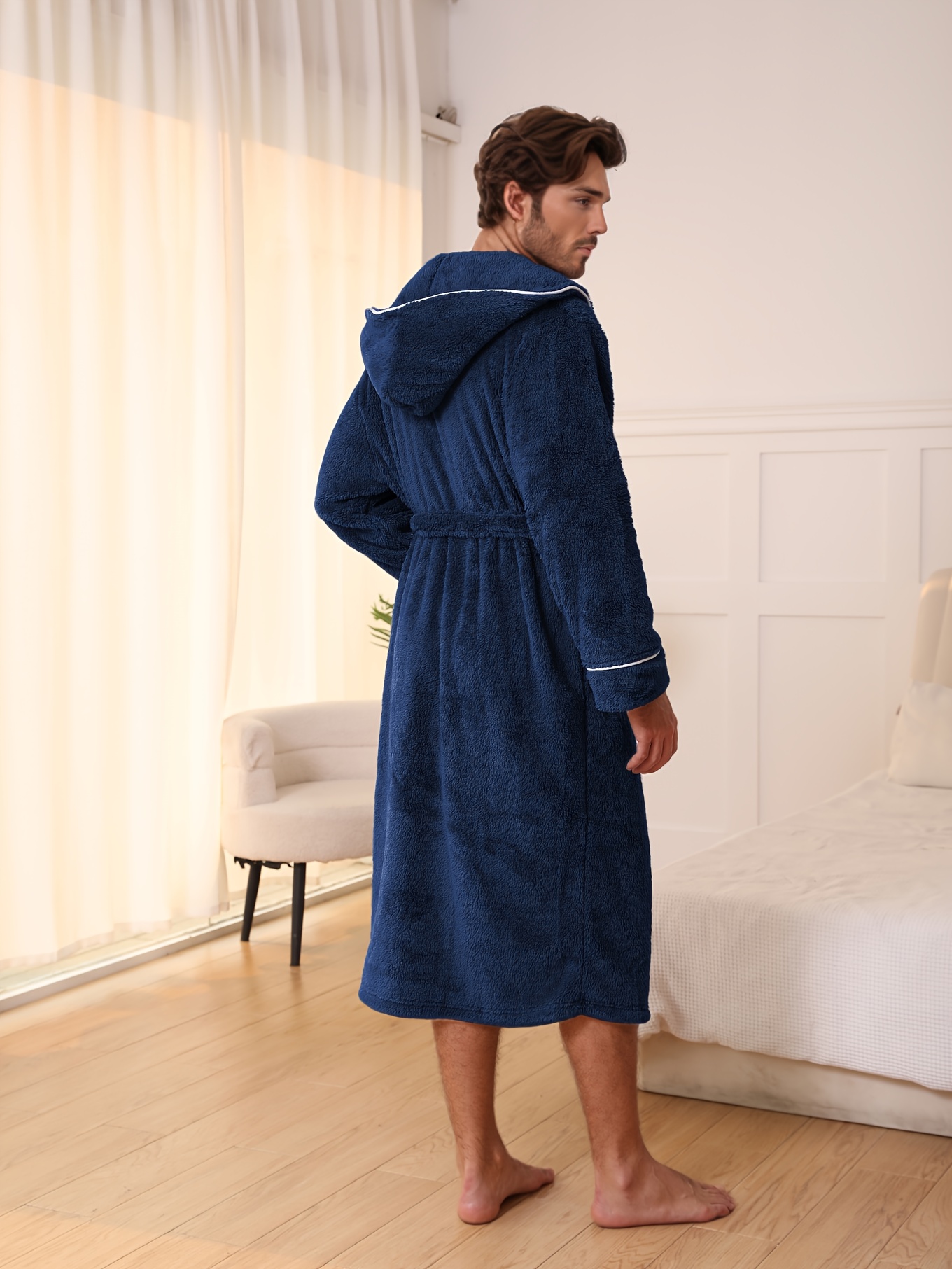 1pc Men's Plush Hooded Robe with Pajama Jacket & Pants-like Design - Heavy-Duty Winter Robe, Belted Waist & Double Pocket - Machine Washable Luxury Sleepwear for Home, Spa, Lounge - Navy Blue (No Dry-Clean)