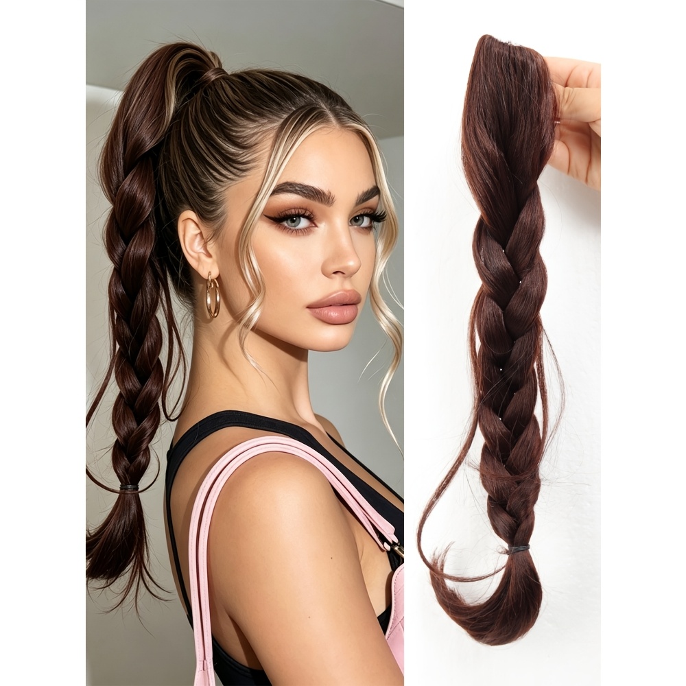 TEMU 16inch Synthetic Long Claw Clip On Bow Braid Ponytail Hair Extensions Heat Resistant Pony Tail Hair Piece Women Daily Party