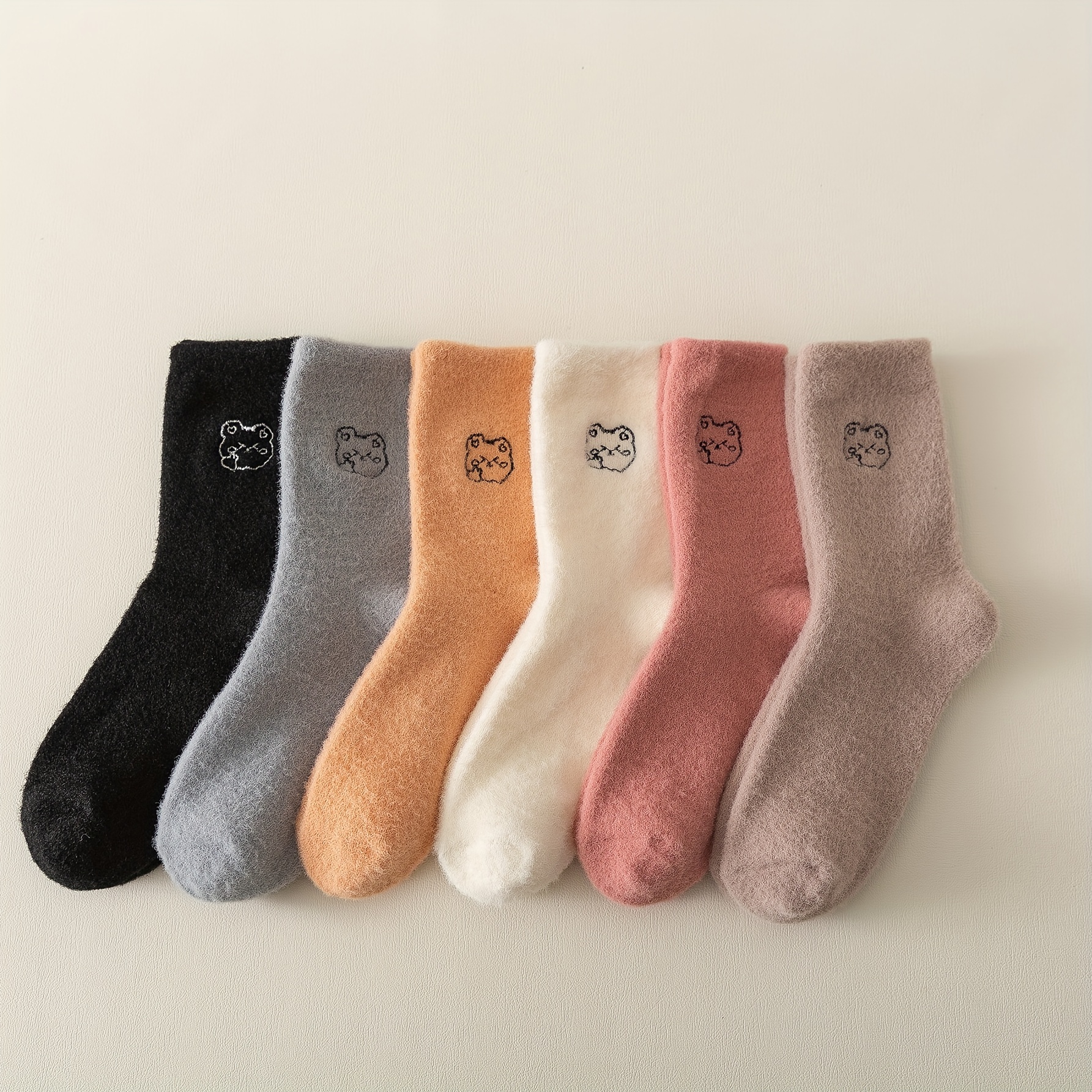 

3 Pairs Of Women's Cute Embroidered Bear Mid-calf Socks, Mink Fabric, Warm And Comfortable, Suitable For