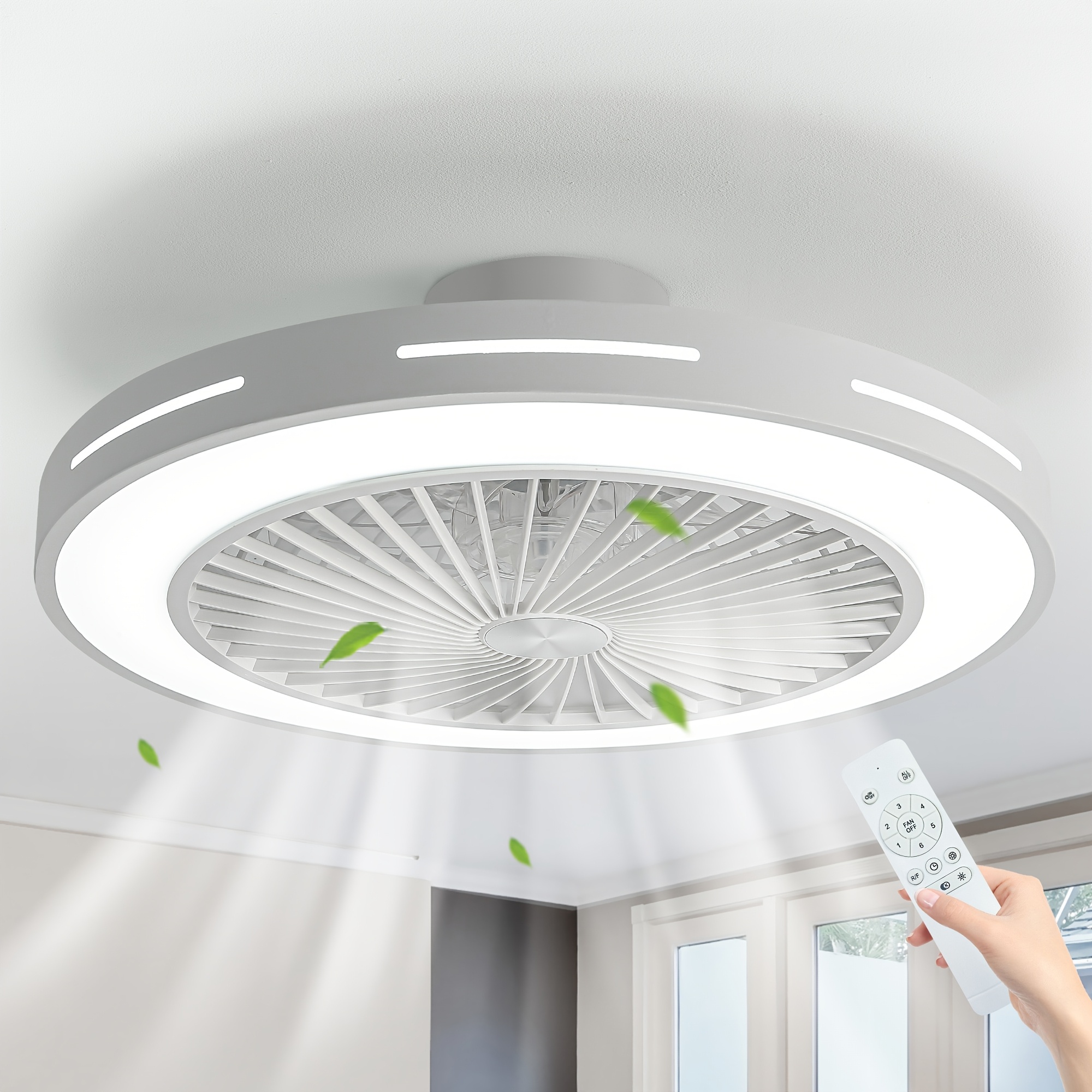 

Ceiling Fan With Lights And Remote White, 19" Reversible Modern Ceiling Fan With Lights Low Profile Bladeless Ceiling Fan With Led Light Flush Mount 6 Speed Dimmable Timing Ceiling Fan For Bedroom