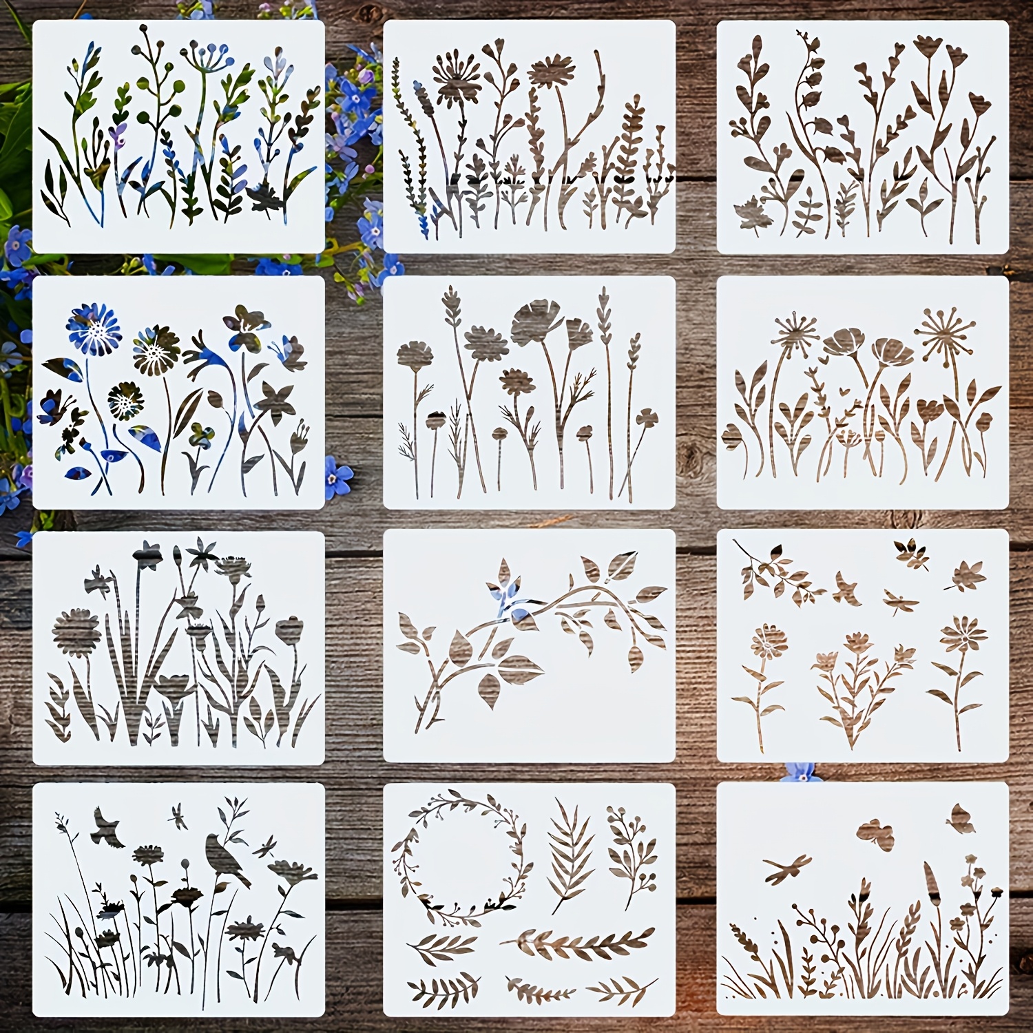 Image of 12pcs Floral Botanical Stencsels Suitable For Diy Crafts - Hand-drawn Doodle Templates With Flower Patterns, For Wood Walls, Glass Tiles, Floor Decor - Compatible For Home Decor, For Craft Surfaces