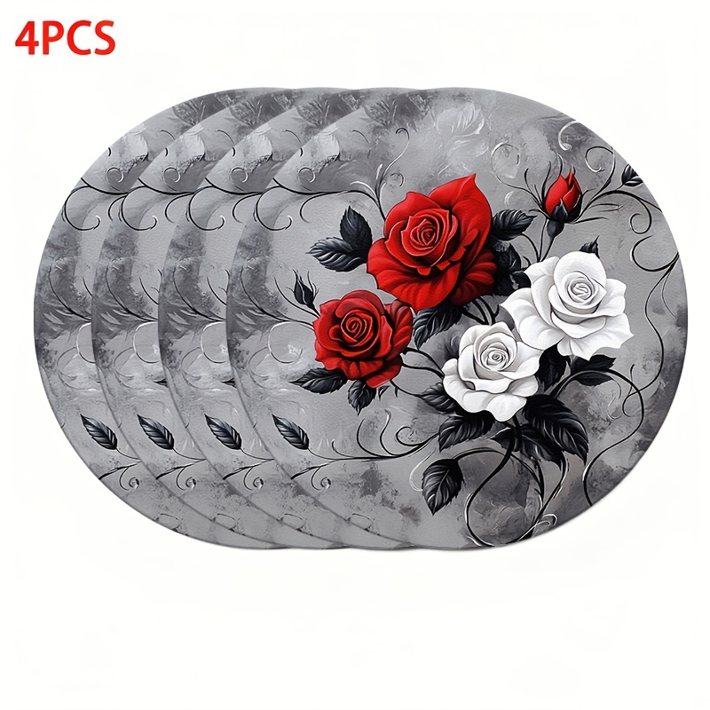 TEMU 4/6pcs Set, Red And White Rose Scroll Leaf Pattern 2d Flat Printed Placemats, Size 38 X 38 Cm, Washable 100%, Suitable For Restaurants, Kitchen,